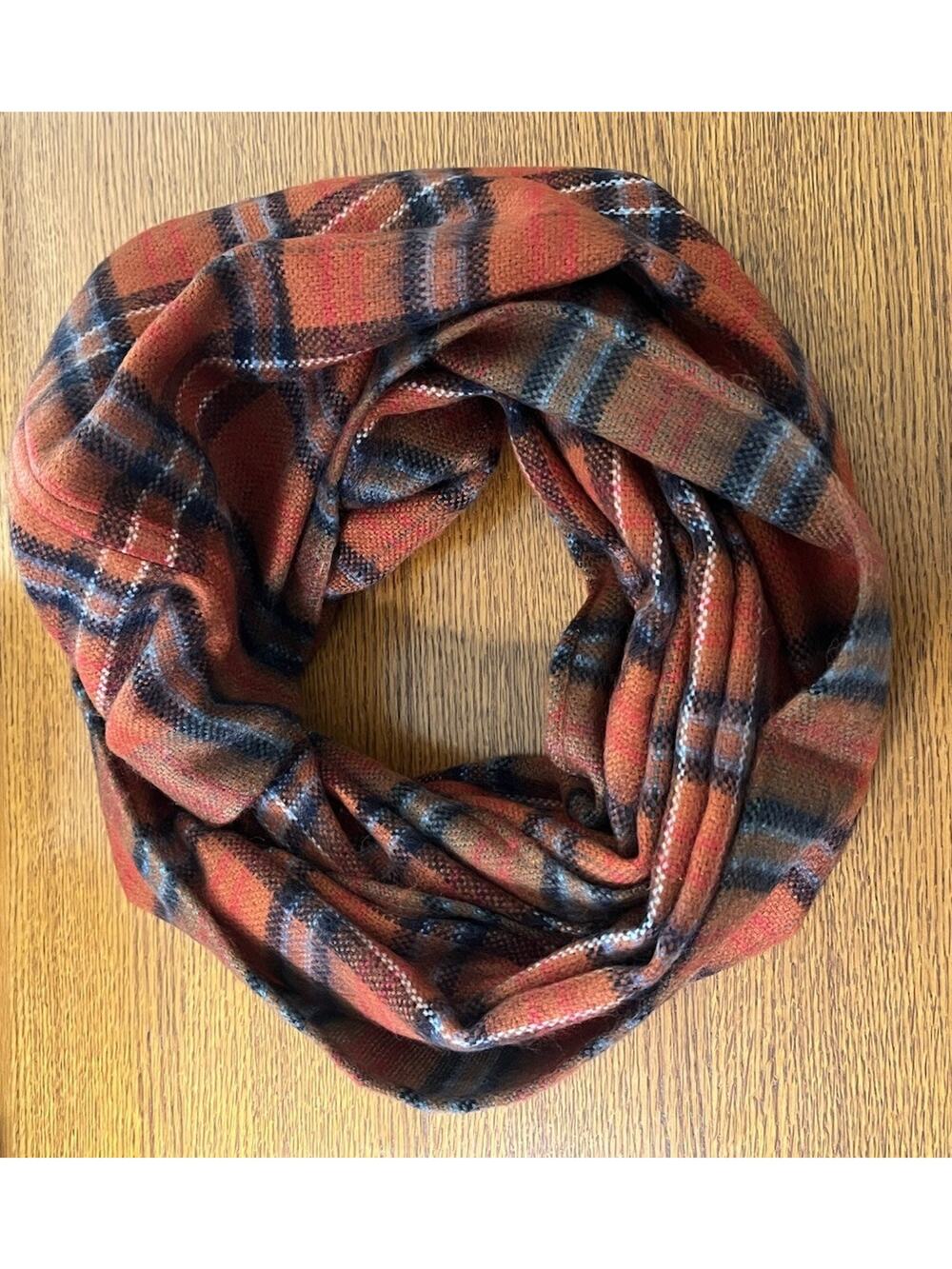 LOFT Plaid Infinity Scarf Orange Black Red Acrylic Soft Cozy Fall Winter